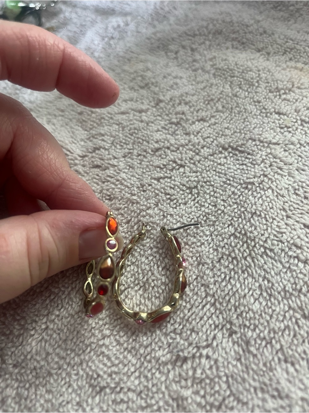 Vintage gold pink/ orange stoned hoops